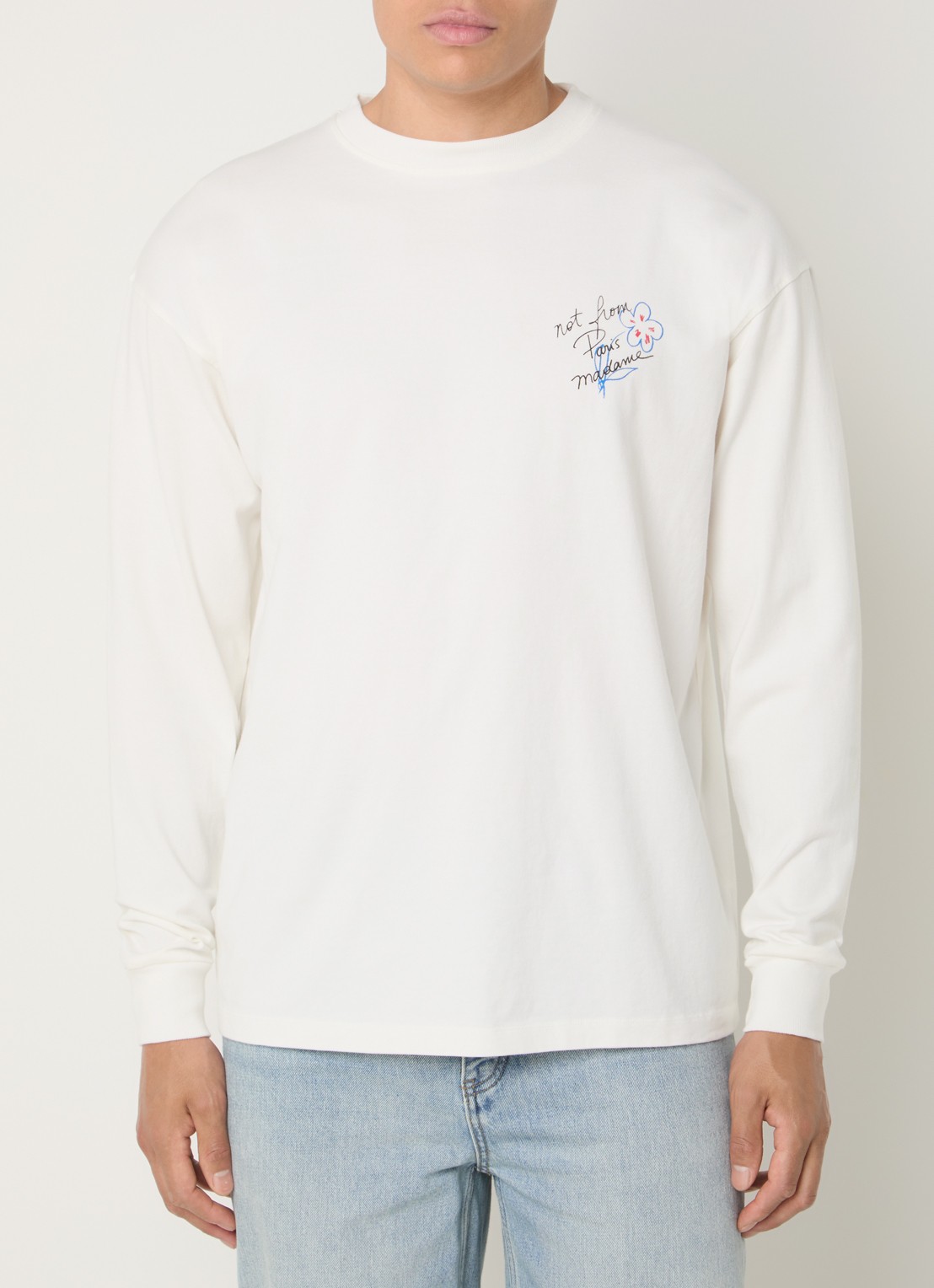 Drôle de Monsieur Esquisse longsleeve met logo- en backprint - achterkant gebroken wit