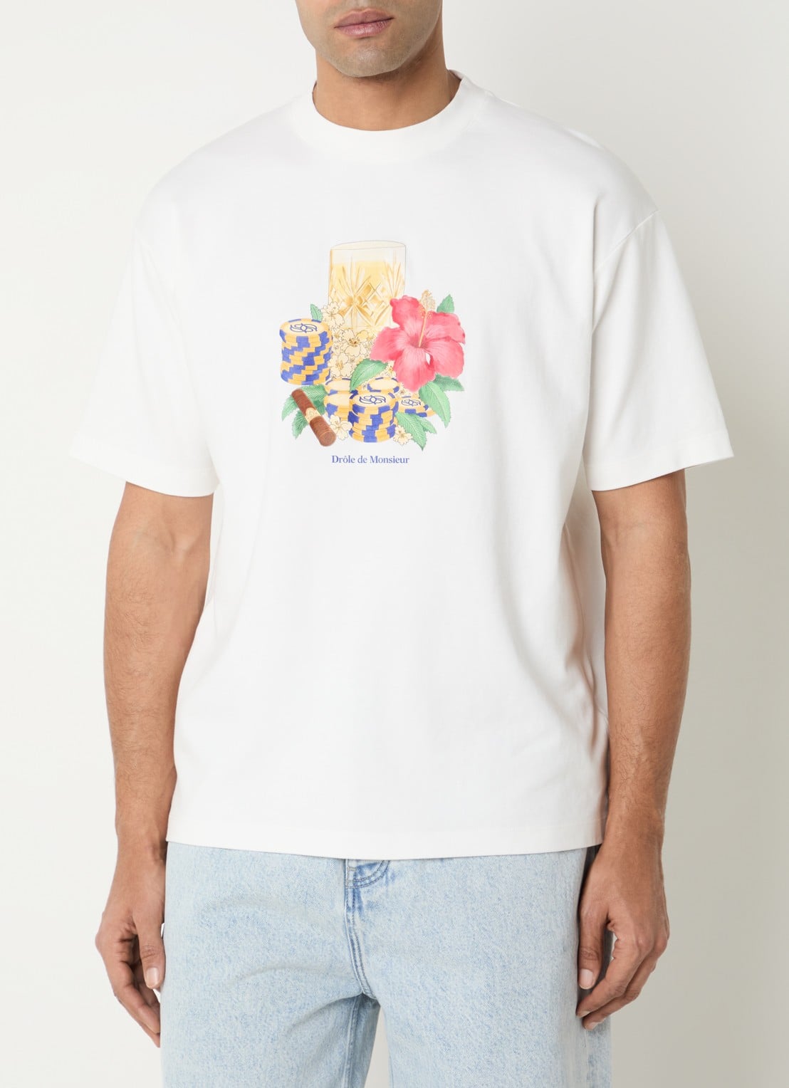 Drôle de Monsieur Hibiscus Club T-shirt met print - detail 4 gebroken wit
