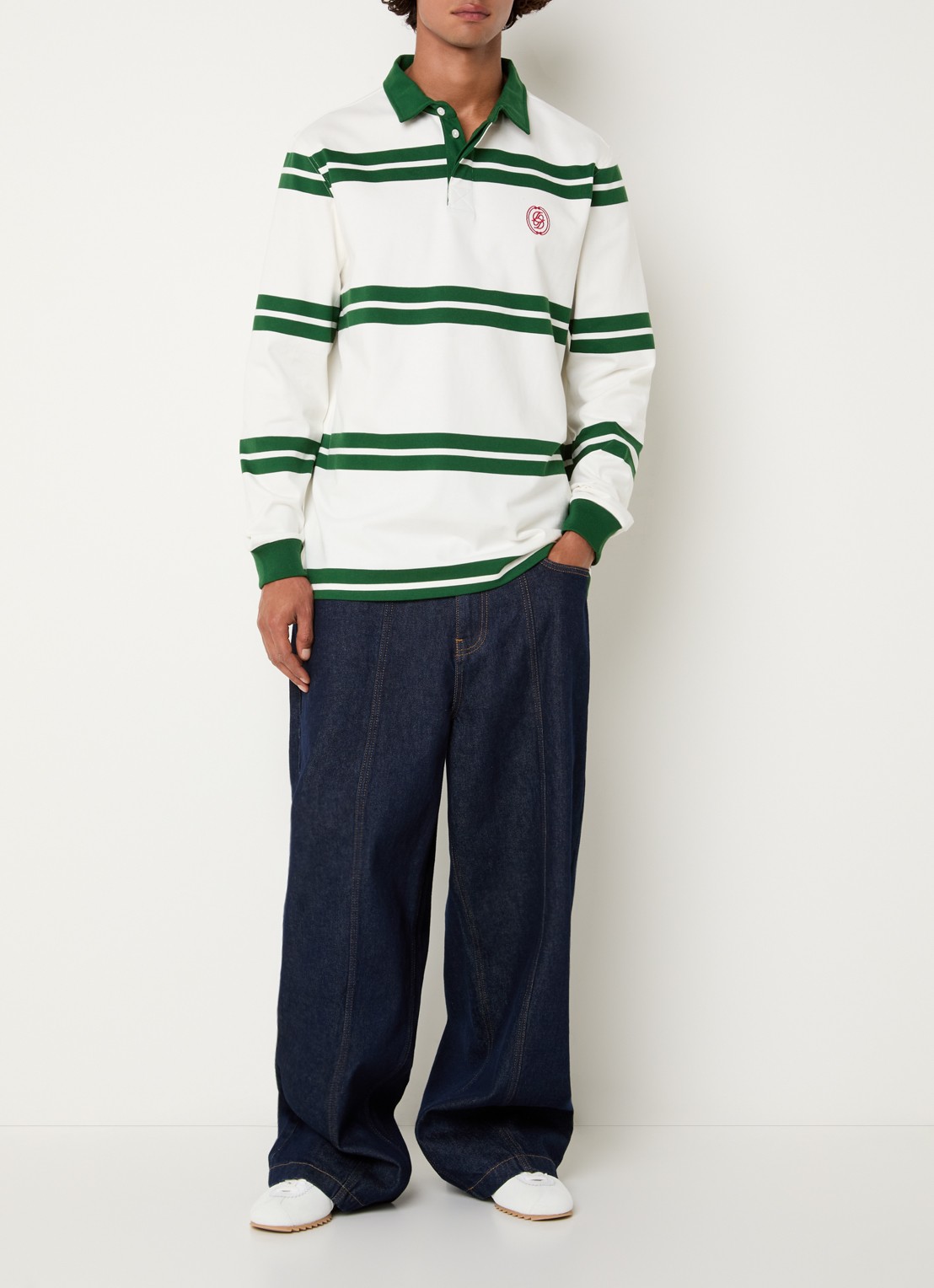 Drôle de Monsieur Regular fit polo met streepprint en logo - voorkant 3 donkergroen