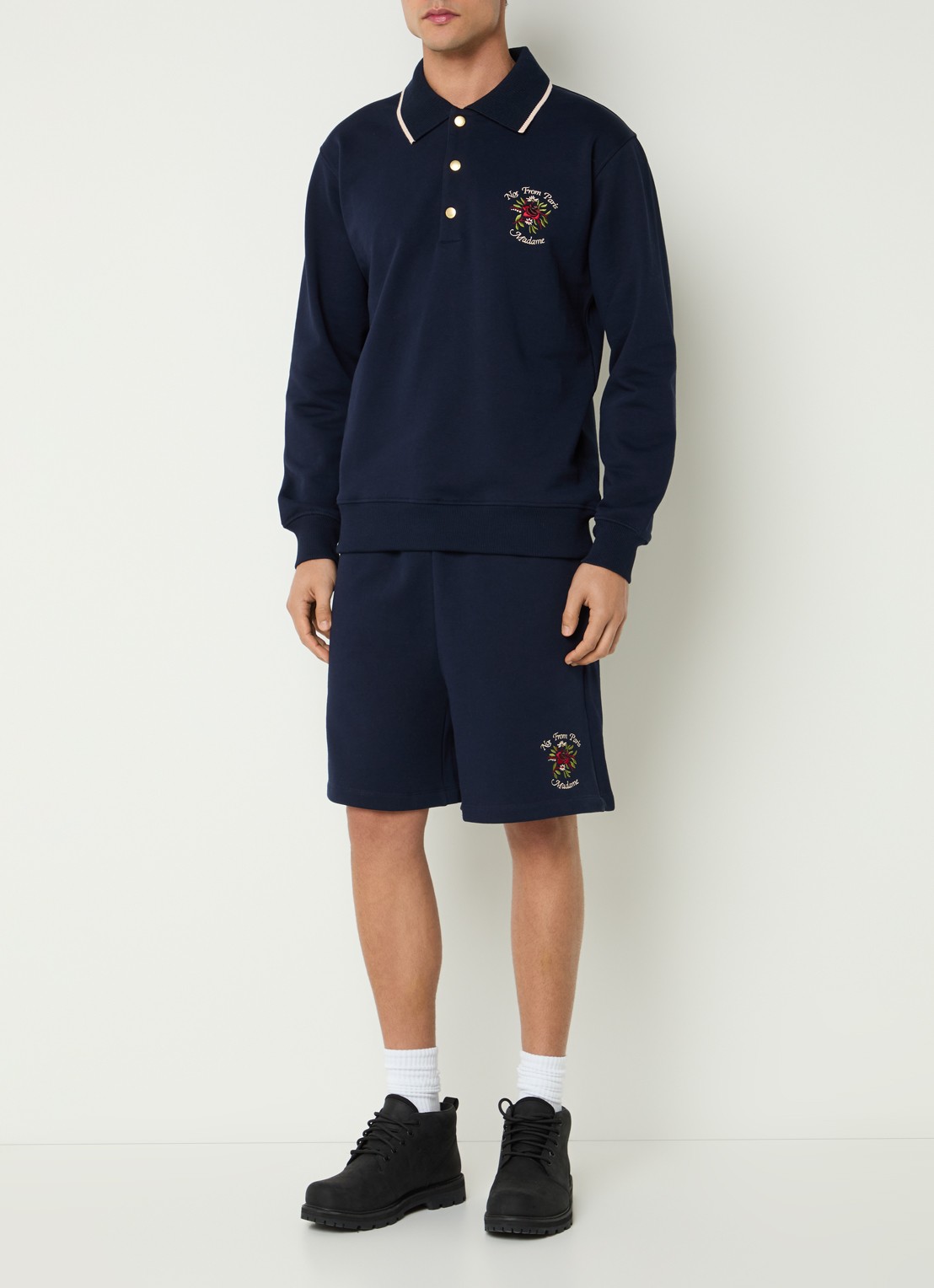 Drôle de Monsieur Slogan Rose regular fit polo met logoborduring - voorkant 3 donkerblauw