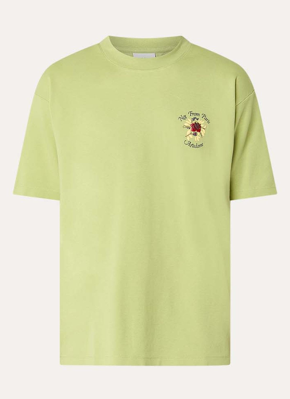 Drôle de Monsieur Slogan Rose T-shirt met logo- en backprint - voorkant 2 lime