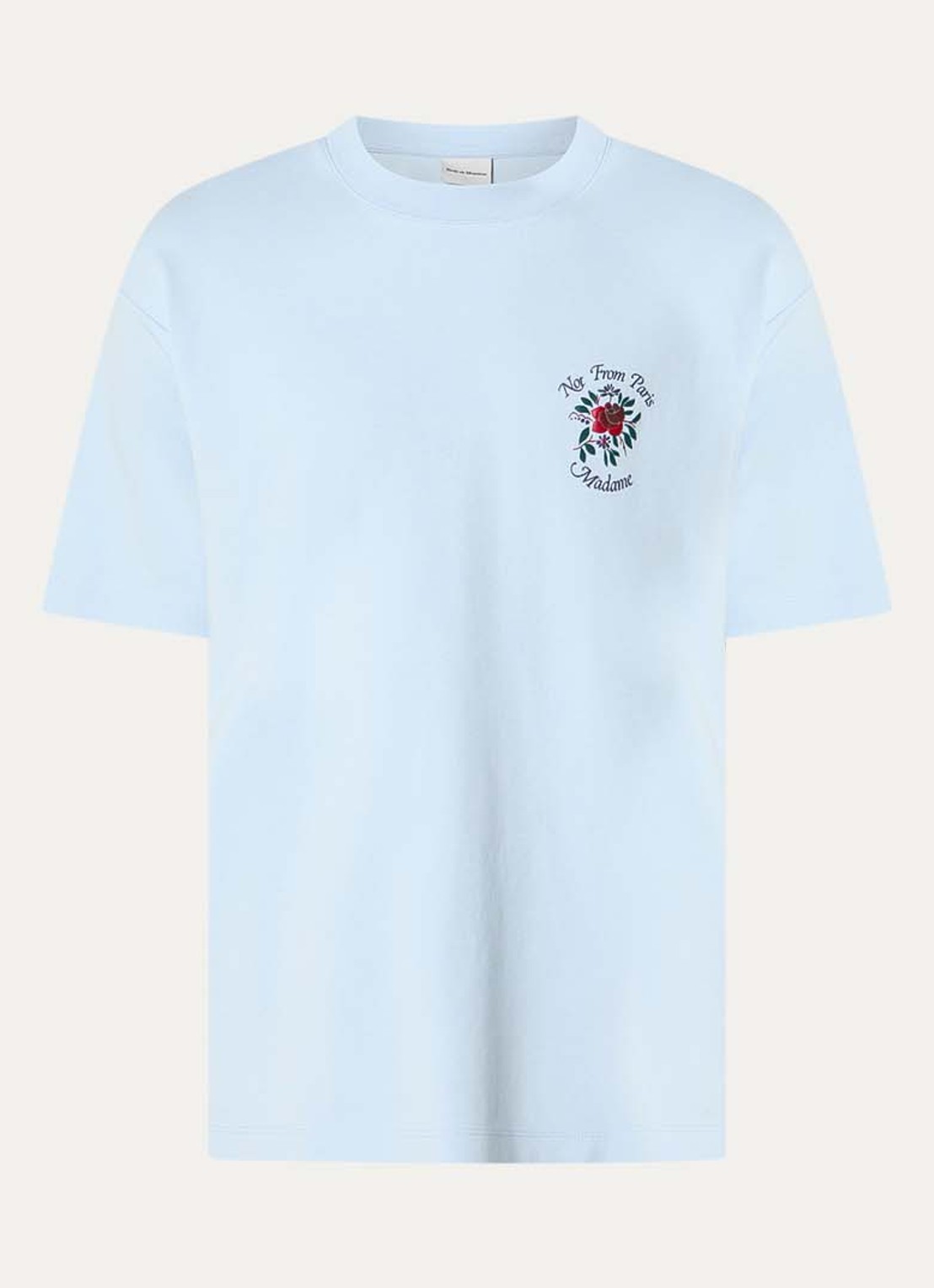 Drôle de Monsieur Slogan Rose T-shirt met logo- en backprint - voorkant lichtblauw