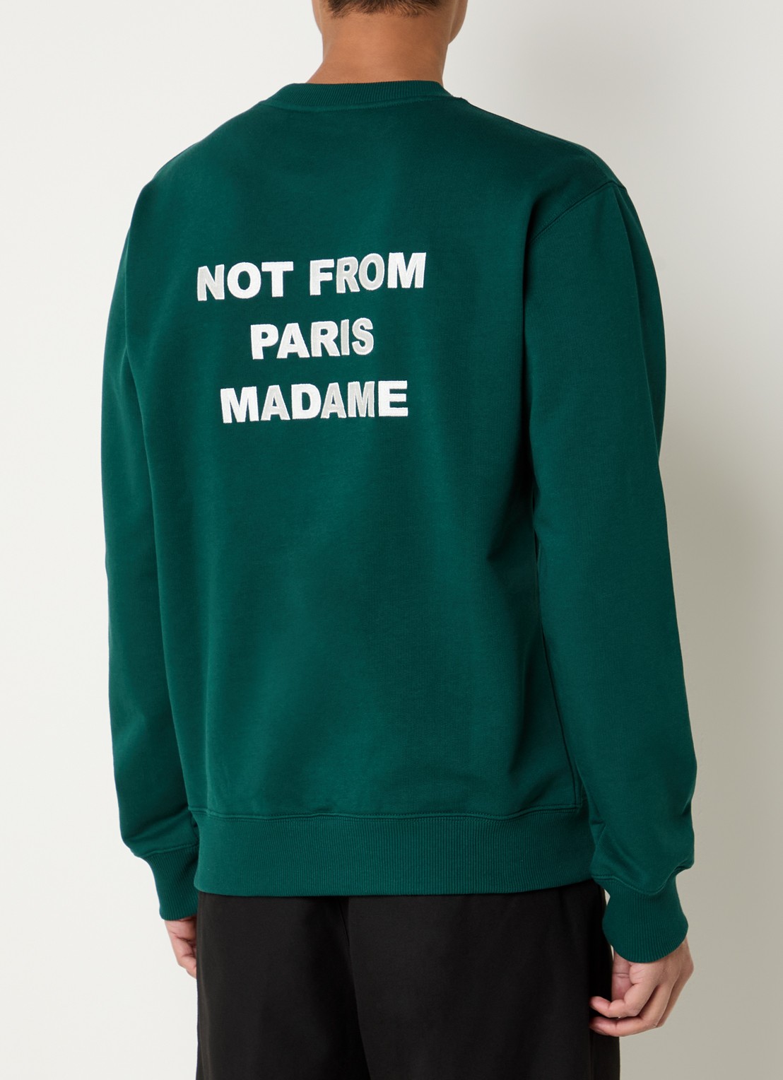 Drôle de Monsieur Slogan sweater met front- en backprint - detail 3 donkergroen