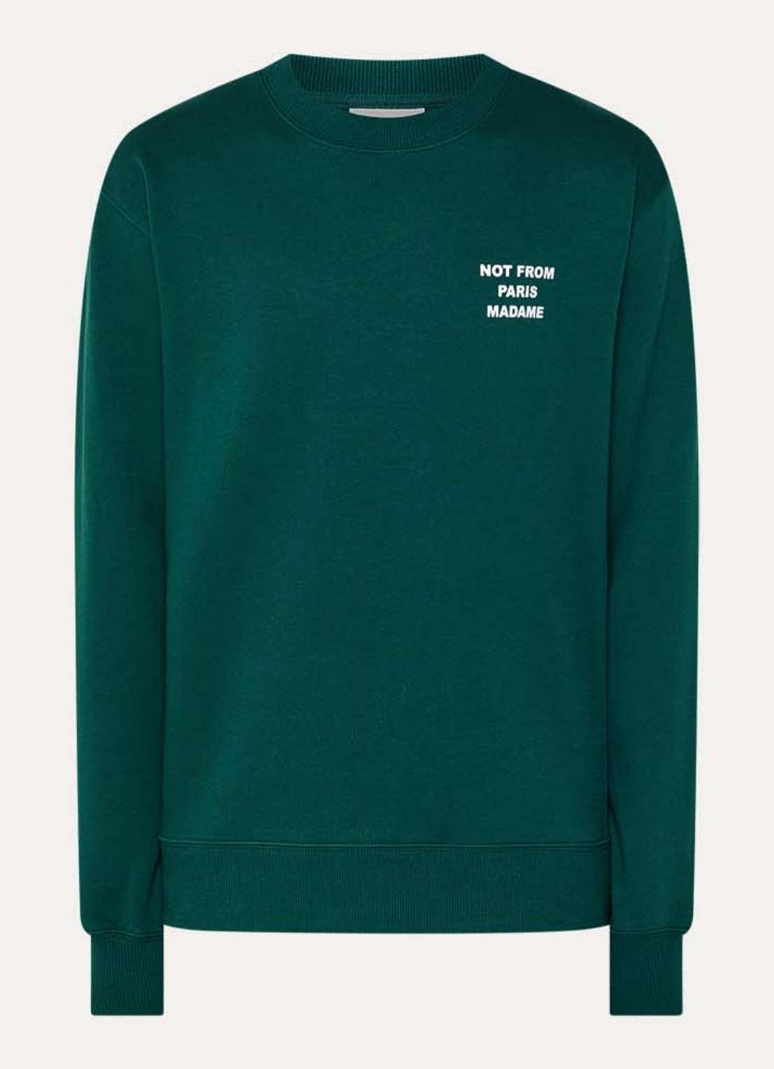 Drôle de Monsieur Slogan sweater met front- en backprint - voorkant donkergroen