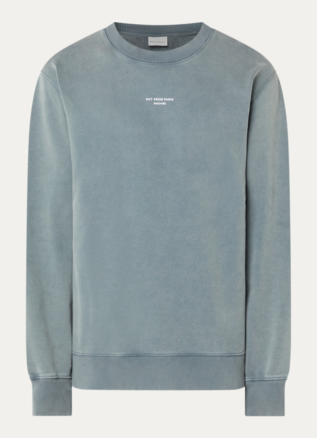 Drôle de Monsieur Sweater met verwassen afwerking en logo - voorkant zeegroen