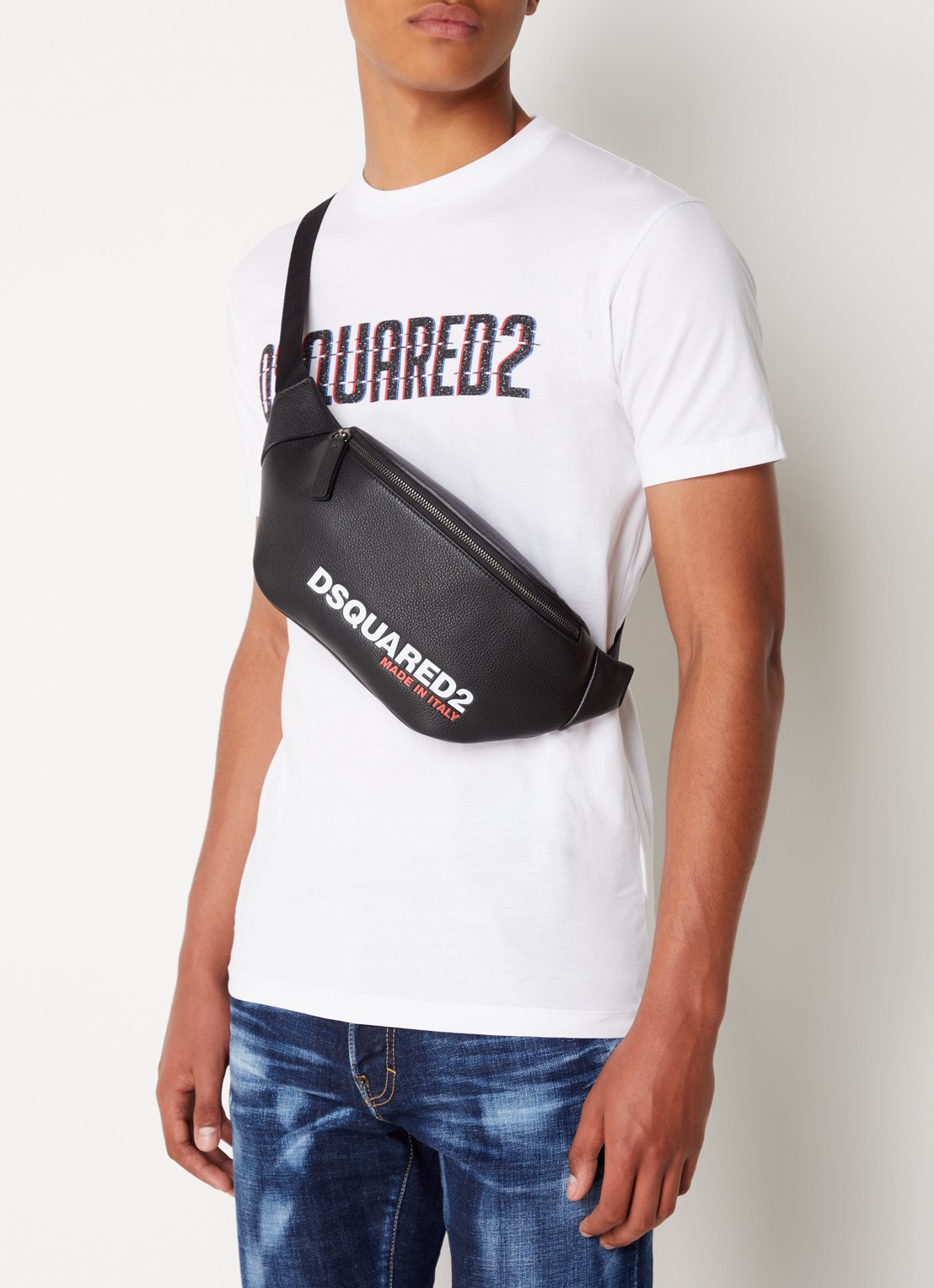 Dsquared2 Bob heuptas van leer met logo - voorkant 2 zwart