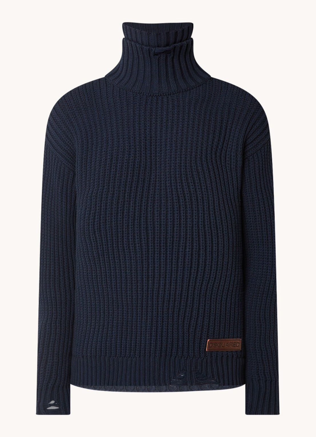 Dsquared2 Grofgebreide coltrui met destroyed afwerking en logo - voorkant blauw