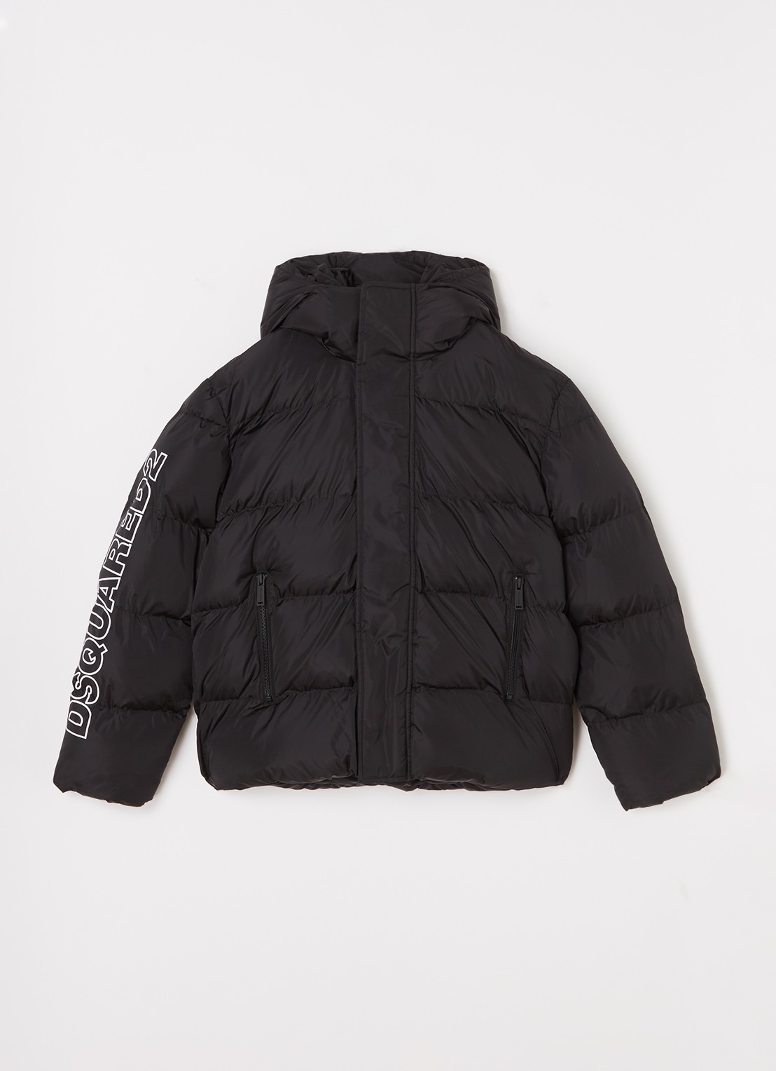 Dsquared2 Puffer jas met logoprint en capuchon - voorkant 2 zwart