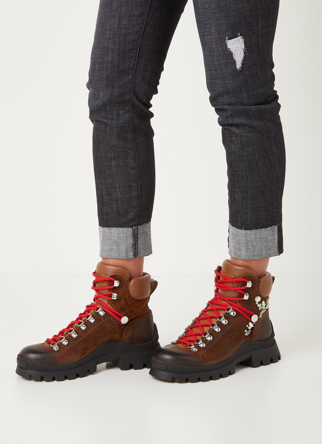 Dsquared2 Tank Hiking veter boot van kalfsleer met strass - voorkant 7 donkerbruin