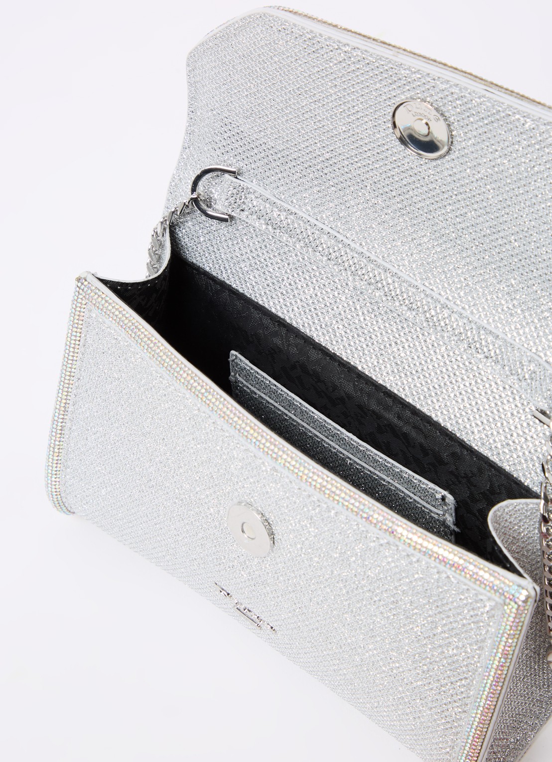 Dune London Bellini clutch met logo - detail zilver