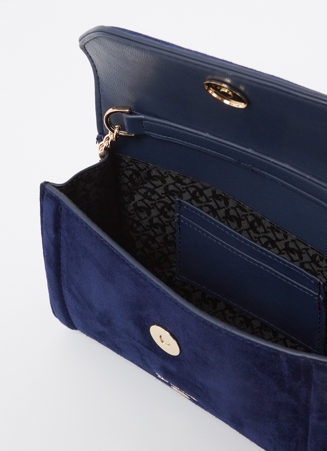 Dune London Bellini clutch met logo - detail donkerblauw