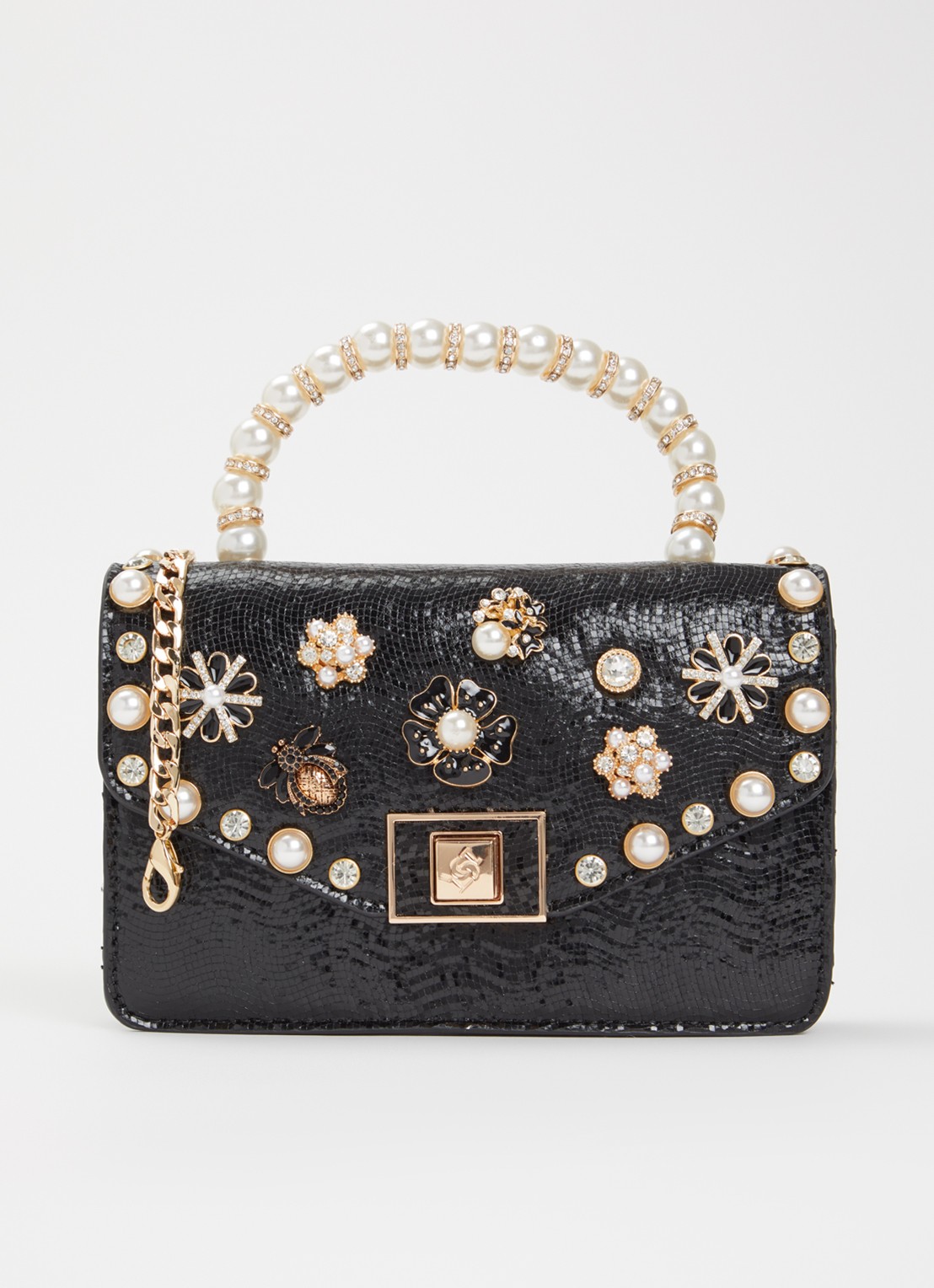 Dune London Blooms crossbodytas met afneembare schouderriem - voorkant zwart