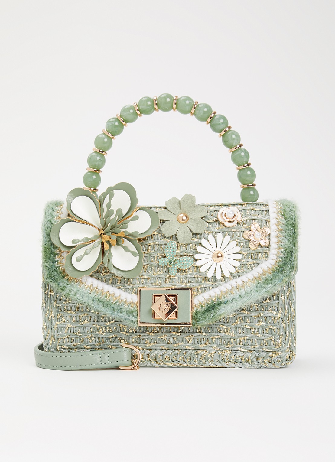 Dune London Blooms crossbodytas met afneembare schouderriem - voorkant 5 lindegroen