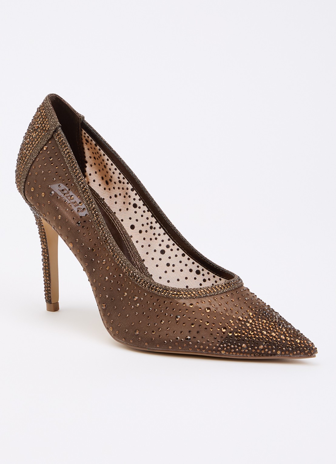 Dune London Brightest pump van mesh met strass - voorkant donkerbruin