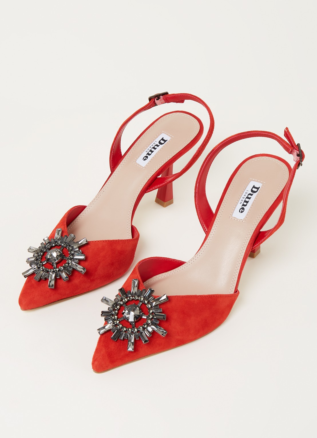 Dune London Casis slingback van leer met strass - detail steenrood