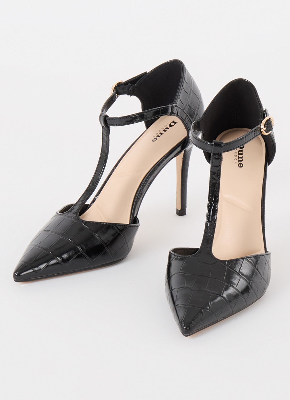 Dune London Castered pump met crocostructuur  - detail zwart