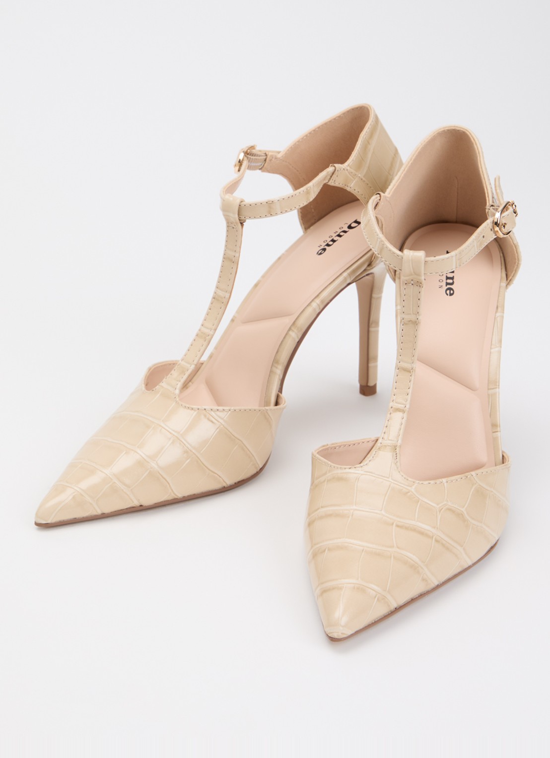 Dune London Castered pump met crocostructuur  - detail 3 zand