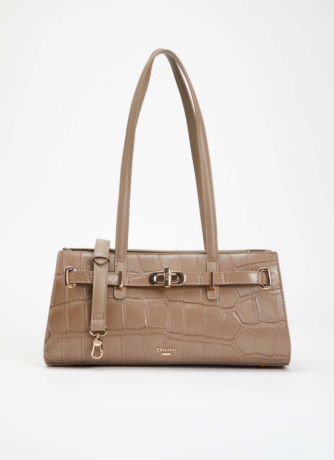 Dune London Depend schoudertas van leer met afneembare schouderriem - voorkant taupe