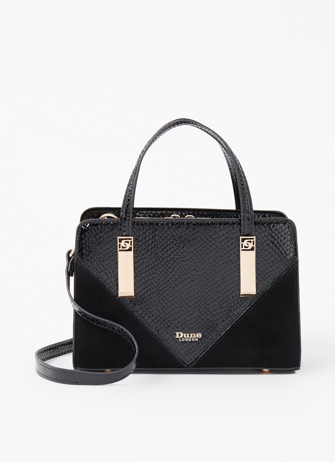 Dune London Dinkydenbeigh handtas met afneembare schouderriem  - voorkant zwart croco structuur