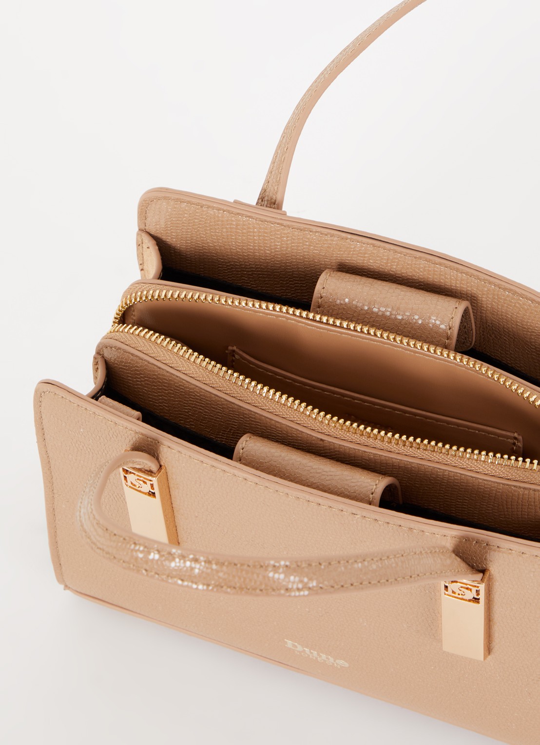 Dune London Dinkydenbeigh handtas met afneembare schouderriem  - detail camel