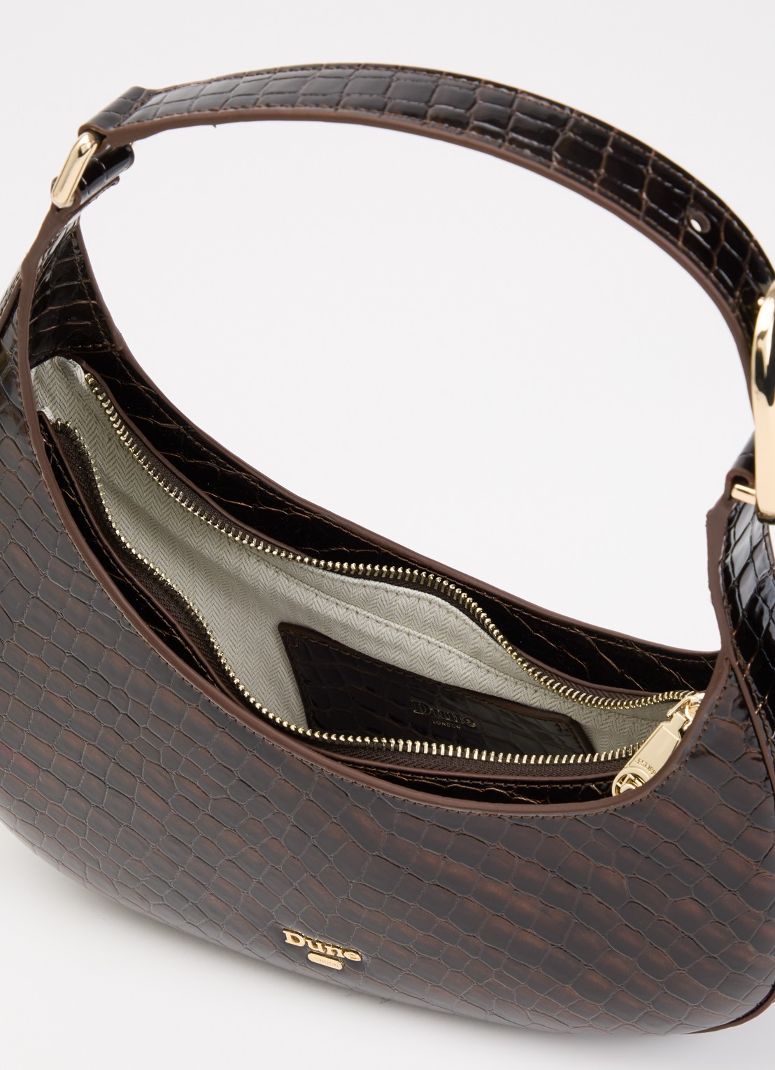 Dune London Disarming schoudertas met crocostructuur - detail bordeauxrood