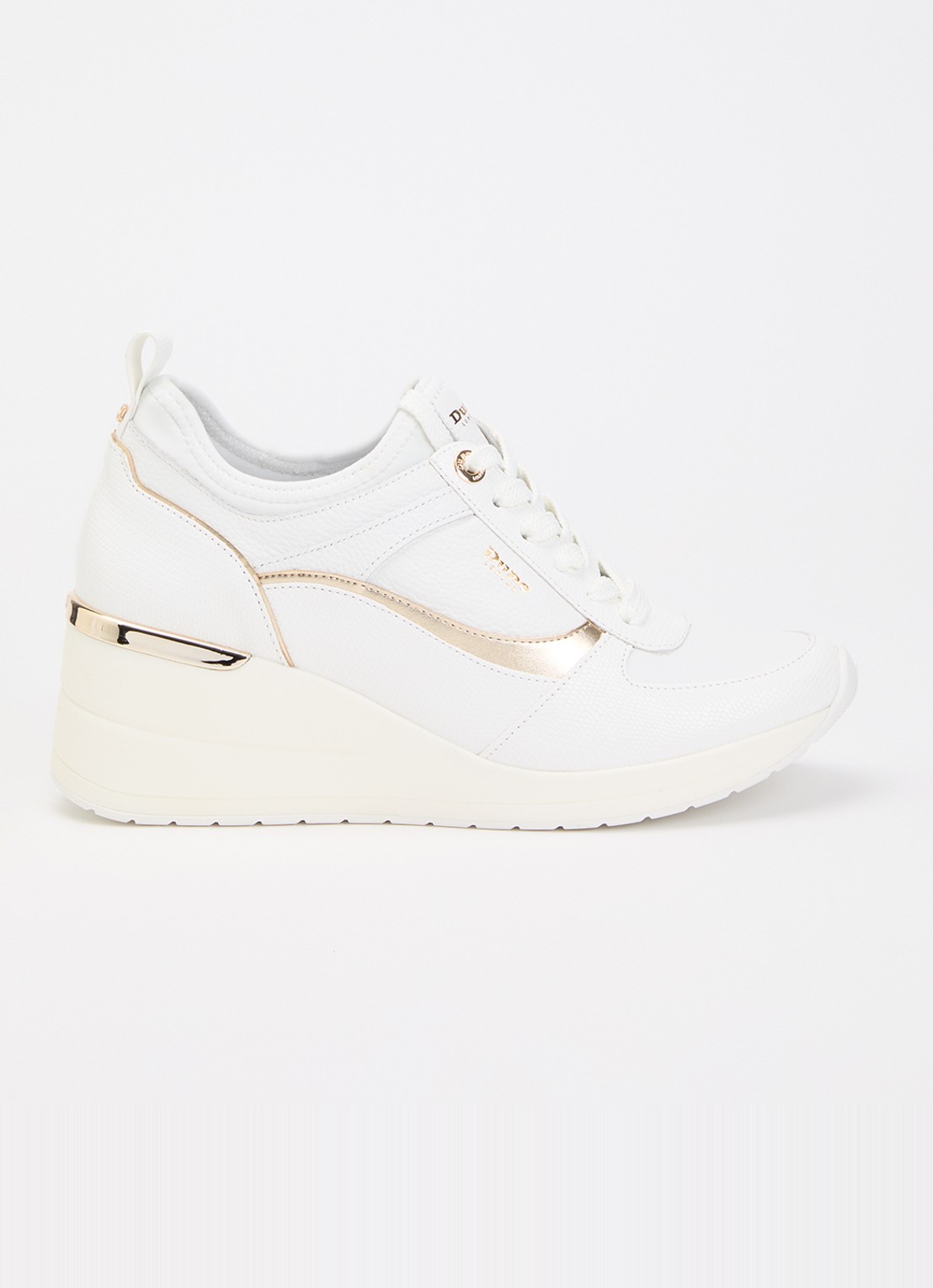 Dune London Elarah sneakerwedge van leer - voorkant 2 gebroken wit