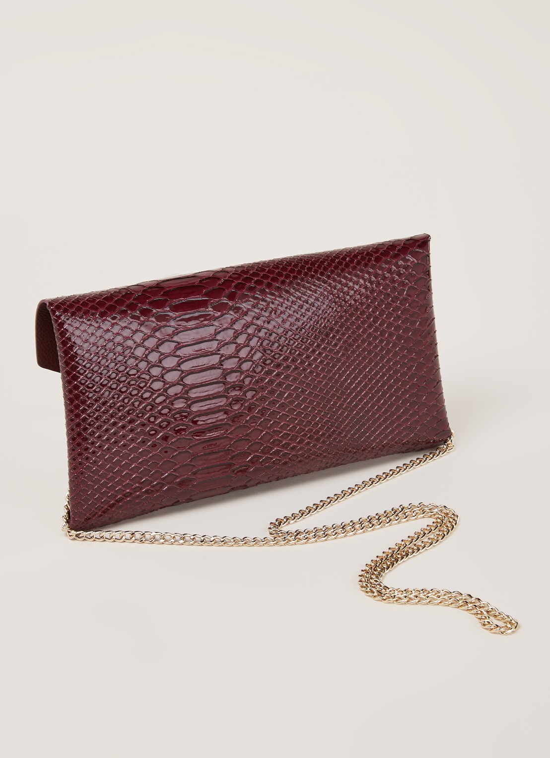 Dune London Envela clutch met crocostructuur - detail aubergine