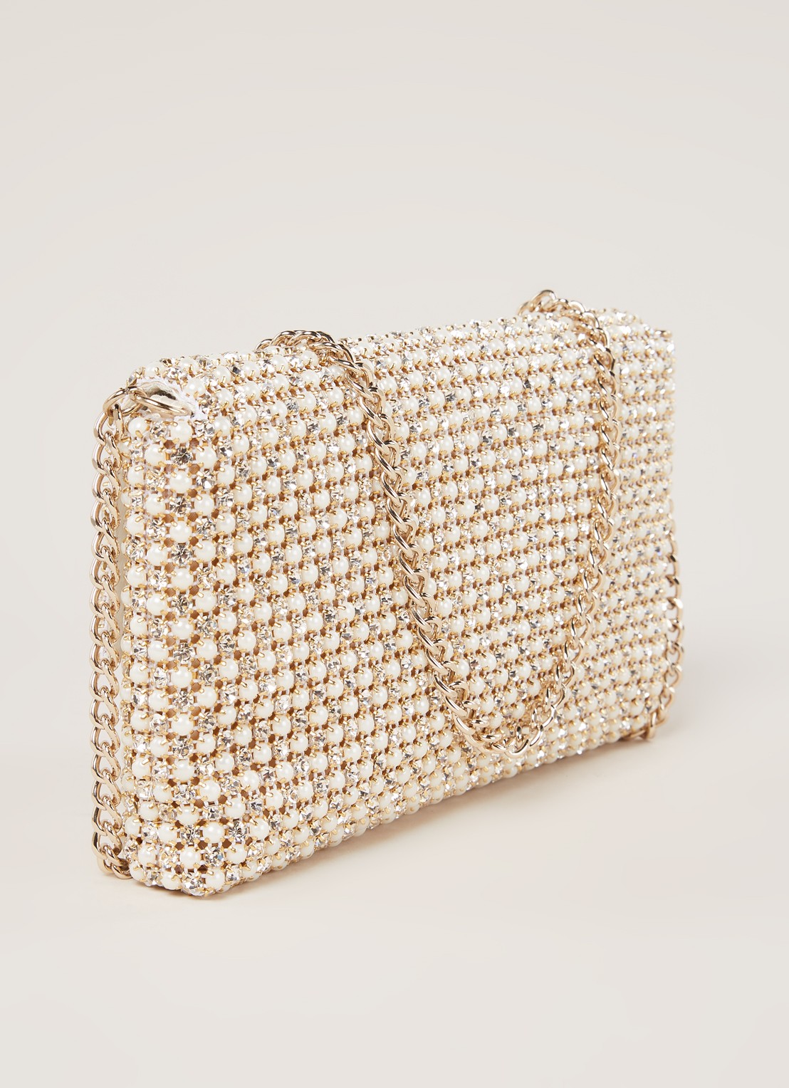 Dune London Evanderr clutch met strass - detail creme