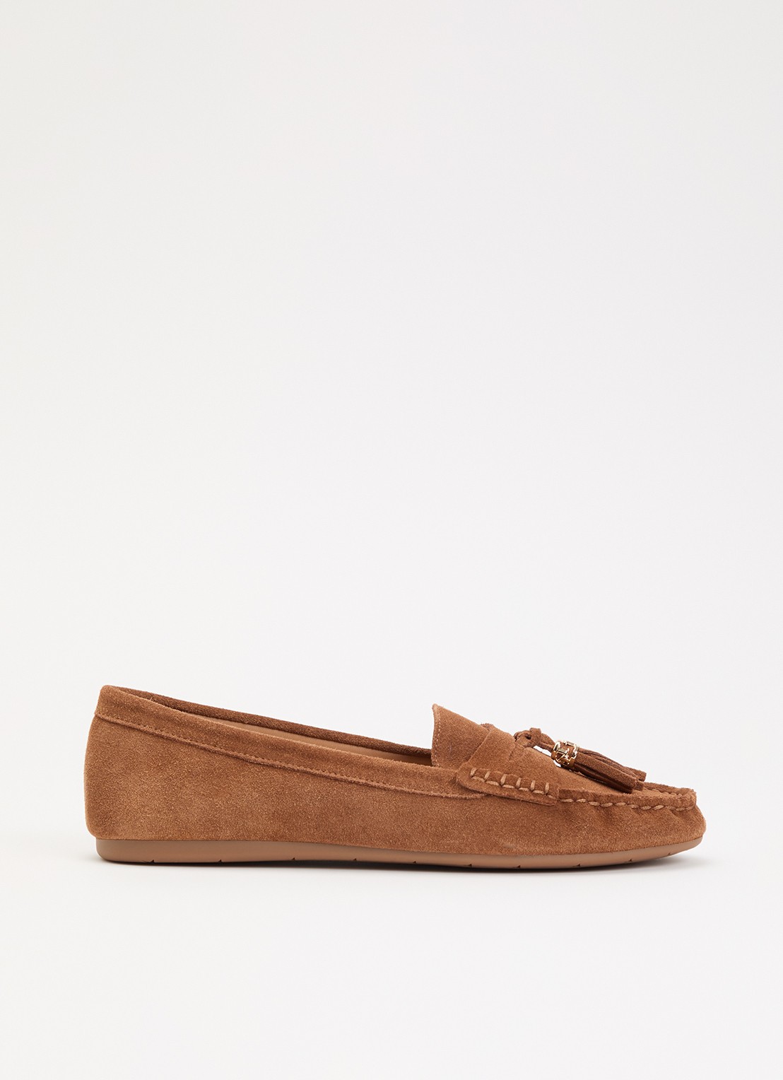 Dune London Geen mocassin van leer met franjes - voorkant 5 cognac