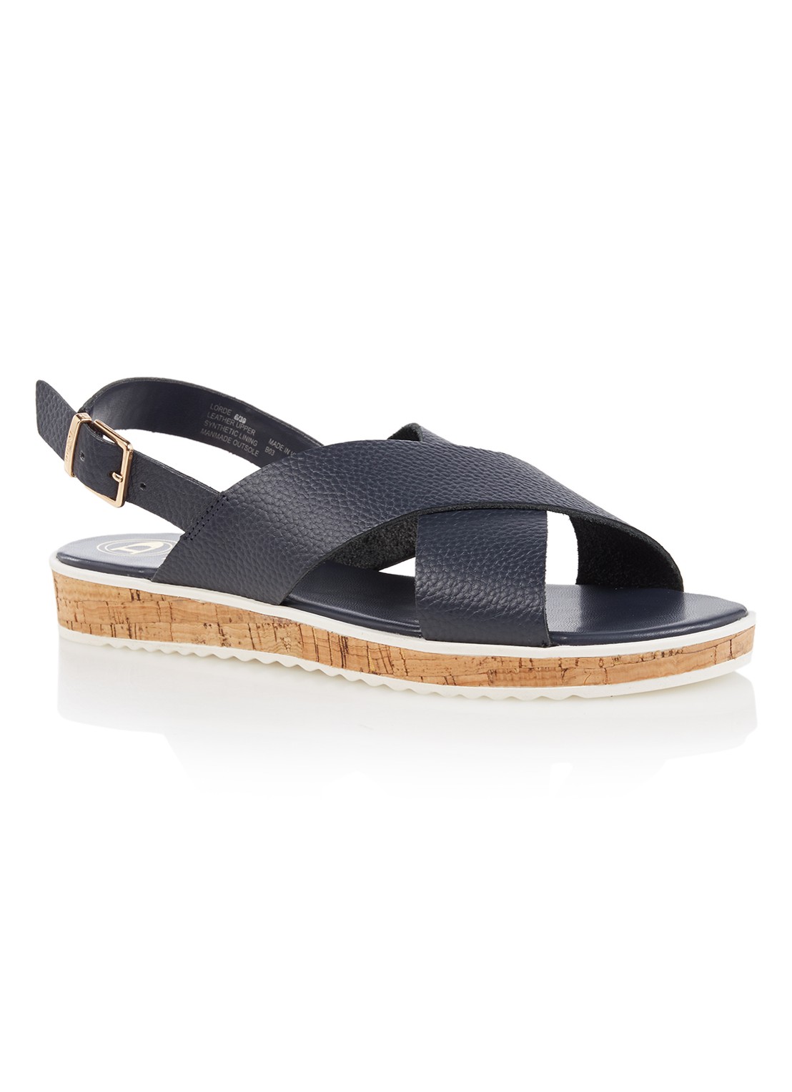 Dune London Lorde sandaal van leer met kurkzool - voorkant donkerblauw