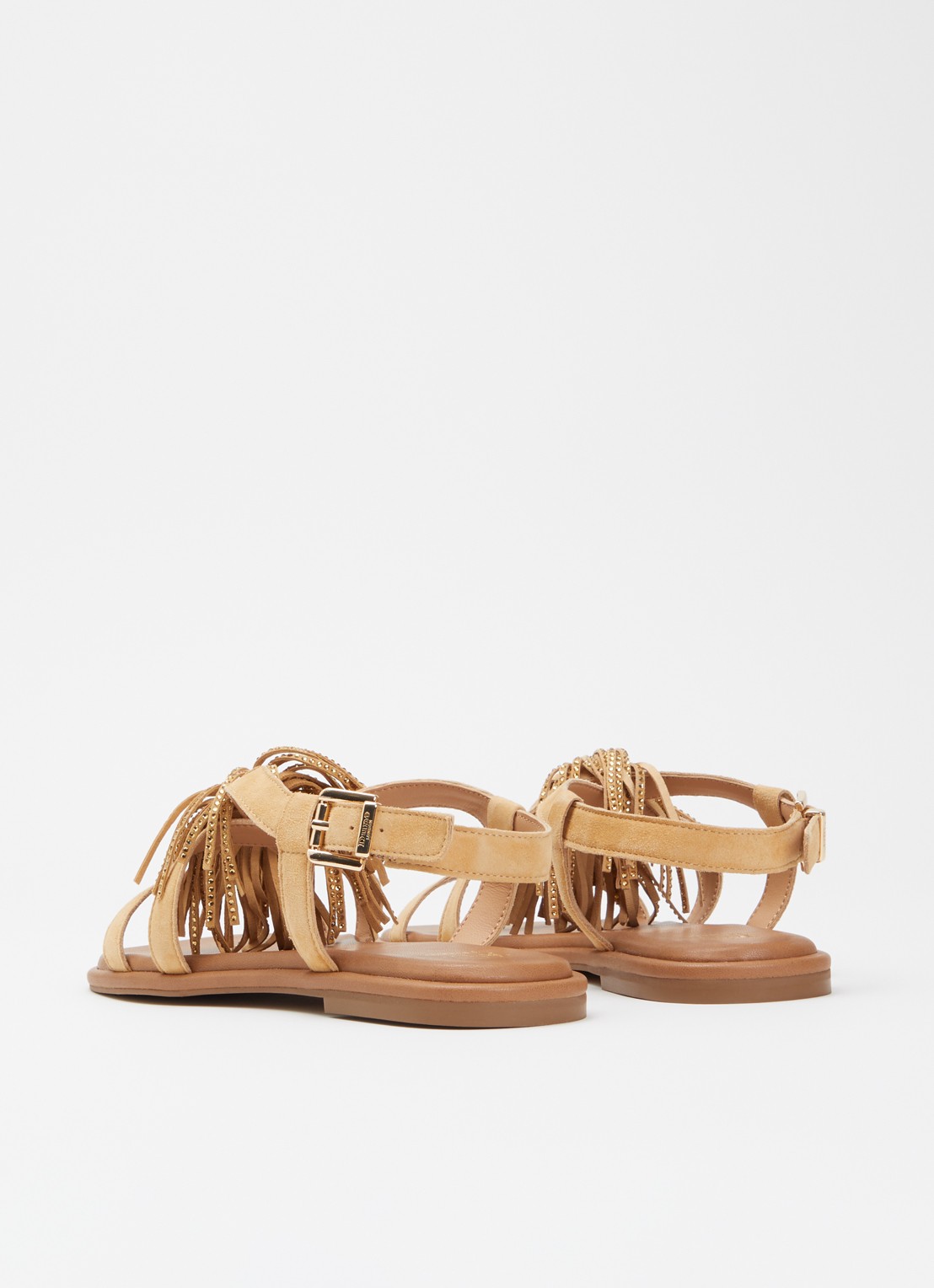 Dune London Lysia sandaal van suède met strass en franjes - achterkant camel