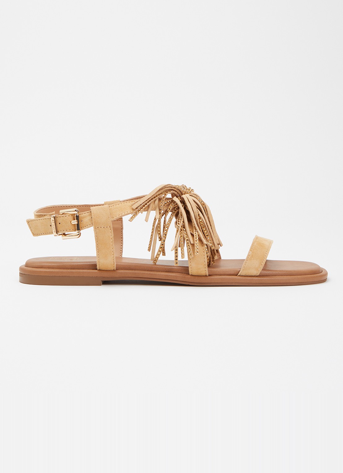 Dune London Lysia sandaal van suède met strass en franjes - voorkant 5 camel