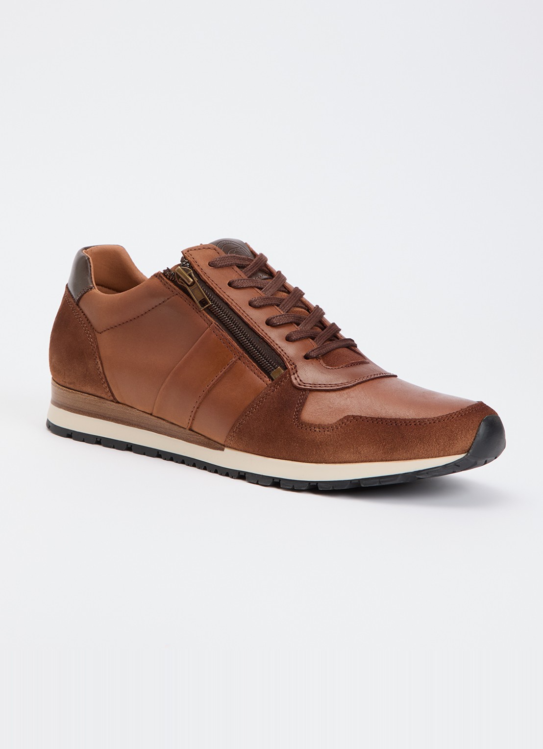 Dune London Thame sneaker van leer met ritsdetail  - voorkant 2 bruin