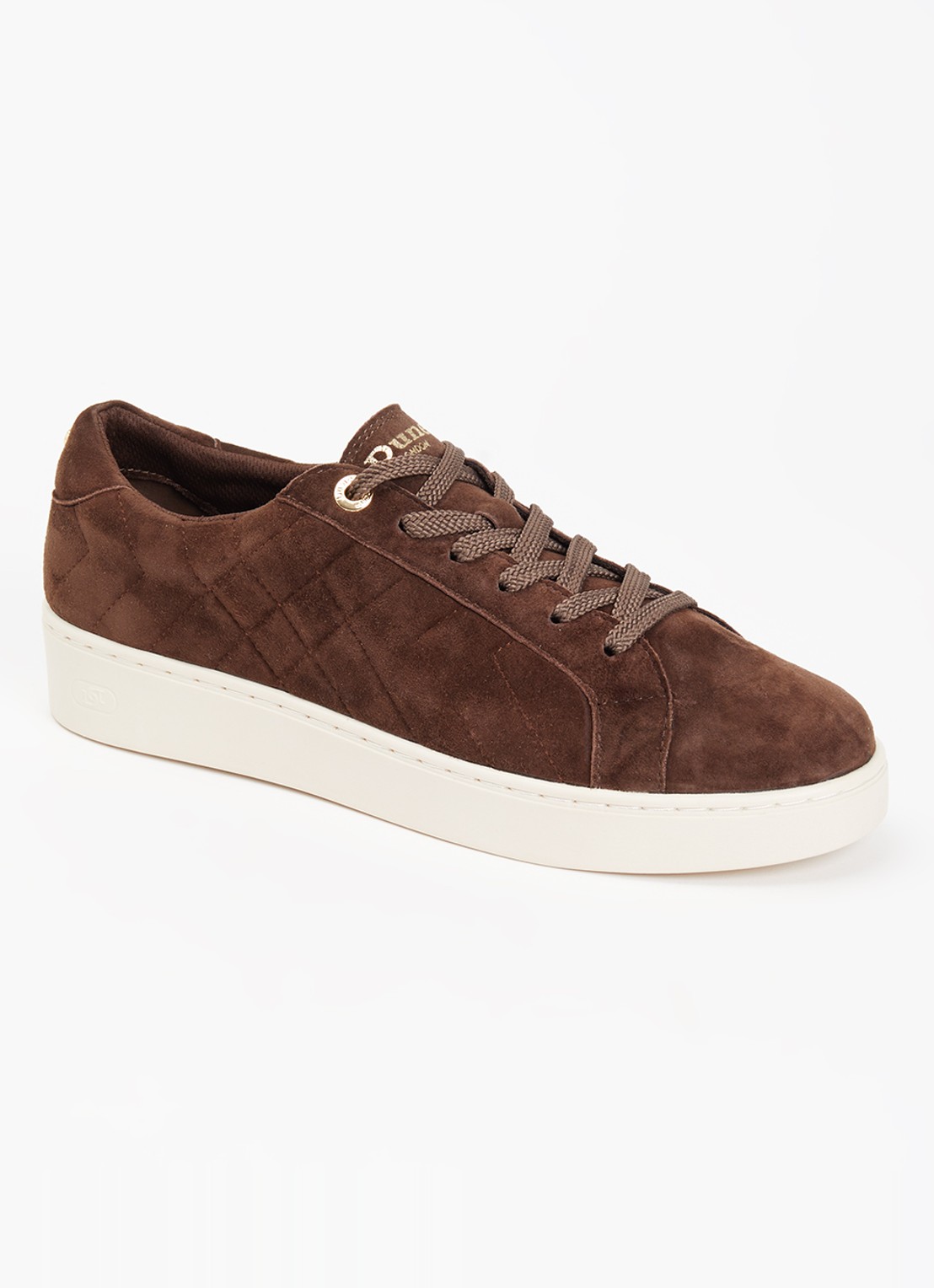 Dune London Wide Fit Egent sneaker van leer met quilt patroon  - voorkant donkerbruin