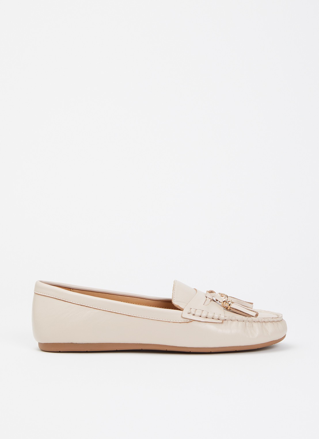 Dune London Wide Fit Geen mocassin van leer met franjes - voorkant 2 lichtroze