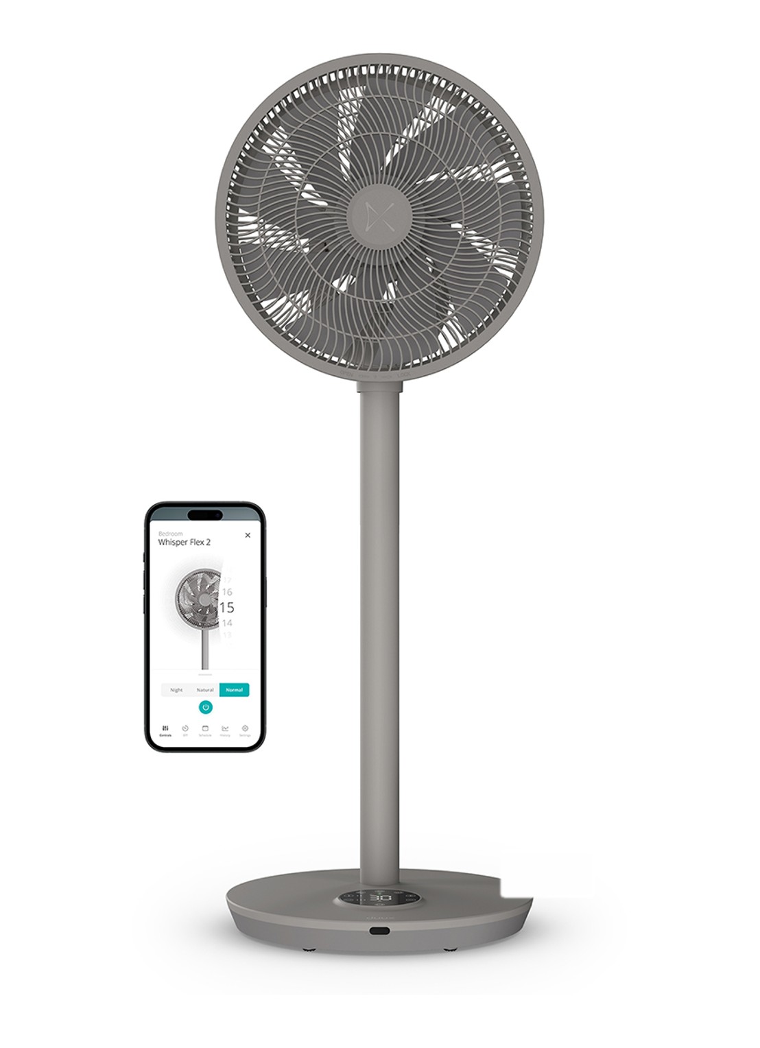 Duux Whisper 2 Smart verstelbare vloerventilator, 92 cm hoog - voorkant grijs
