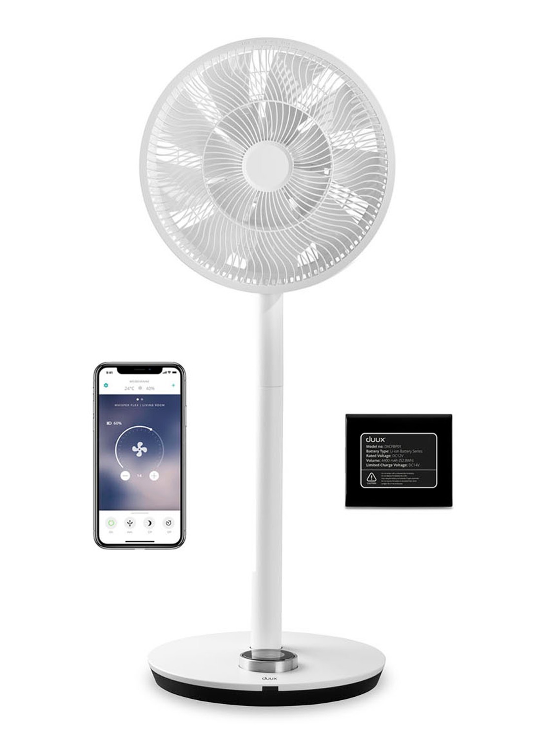 Duux Whisper Flex Smart verstelbare vloerventilator met batterij, 88 cm  - voorkant 6 wit