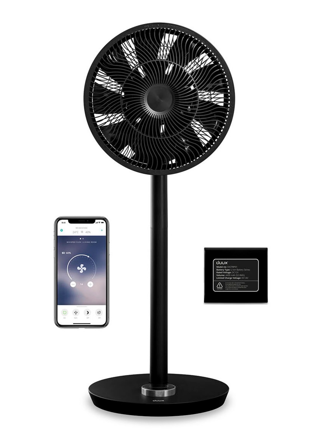Duux Whisper Flex Smart verstelbare vloerventilator met batterij, 88 cm  - voorkant 6 zwart
