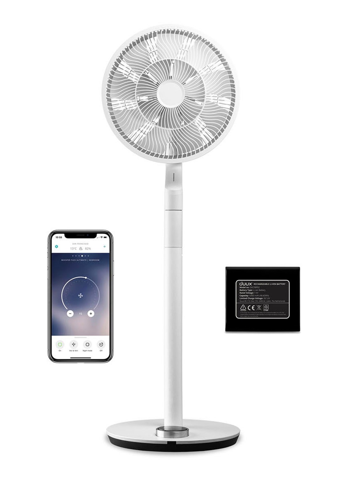 Duux Whisper Flex Ultimate verstelbare vloerventilator met batterij, 103 cm - voorkant 6 wit