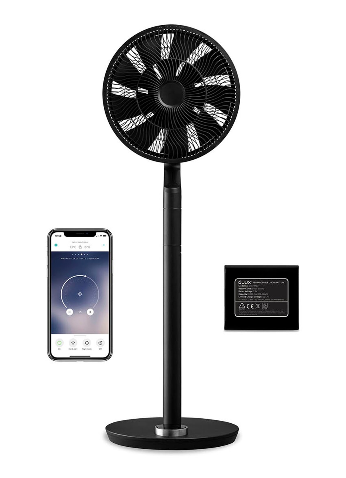 Duux Whisper Flex Ultimate verstelbare vloerventilator met batterij, 103 cm - voorkant zwart