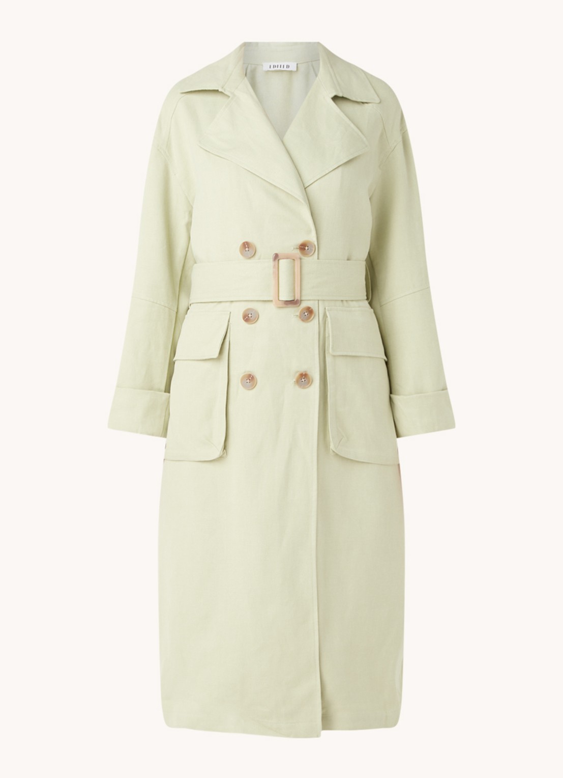 EDITED Giuliana trenchcoat met ceintuur en klepzakken - voorkant 2 lichtgroen