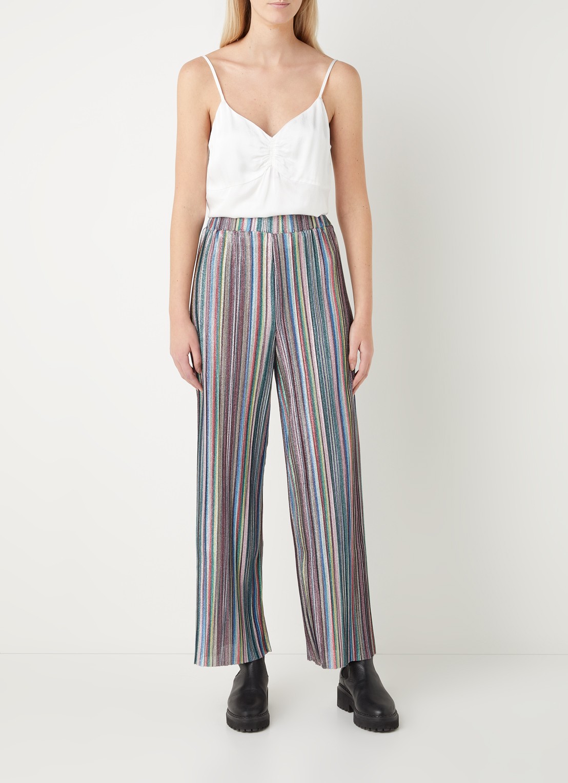 EDITED Philine high waist wide fit pantalon met streepprint en lurex  - voorkant 4 blauw