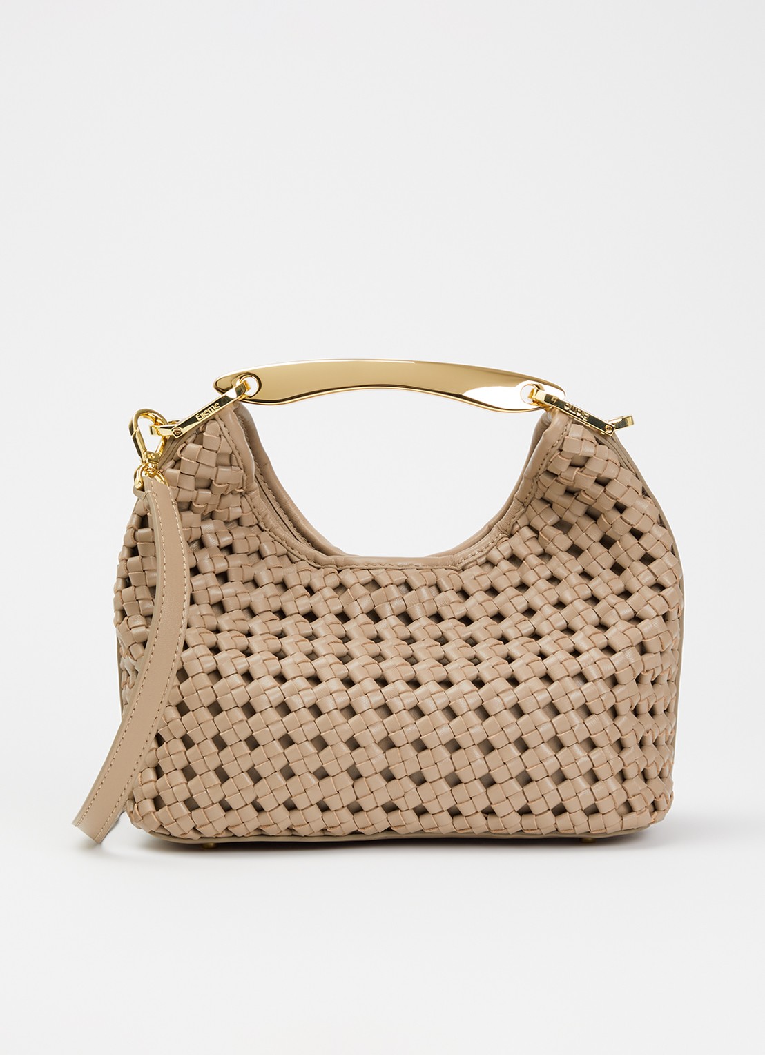 Elleme Boomerang Small handtas van leer met gevlochten detail - voorkant 6 donkerbeige
