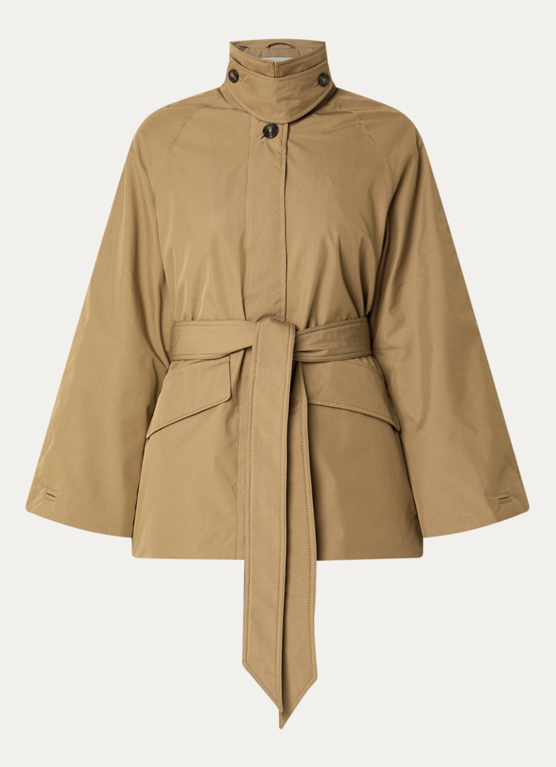 Elvine Roya trenchcoat met opstaande kraag en strikceintuur - voorkant 2 camel