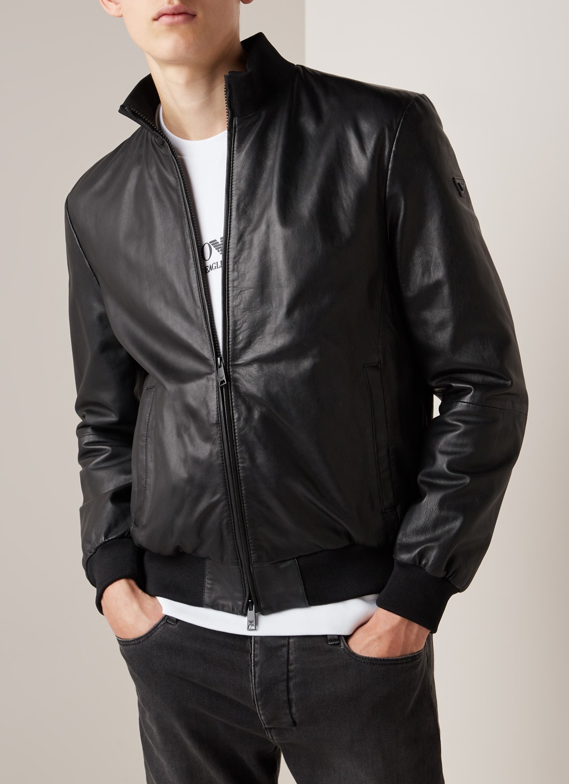Emporio Armani Bomberjack van lamsleer - detail 3 zwart