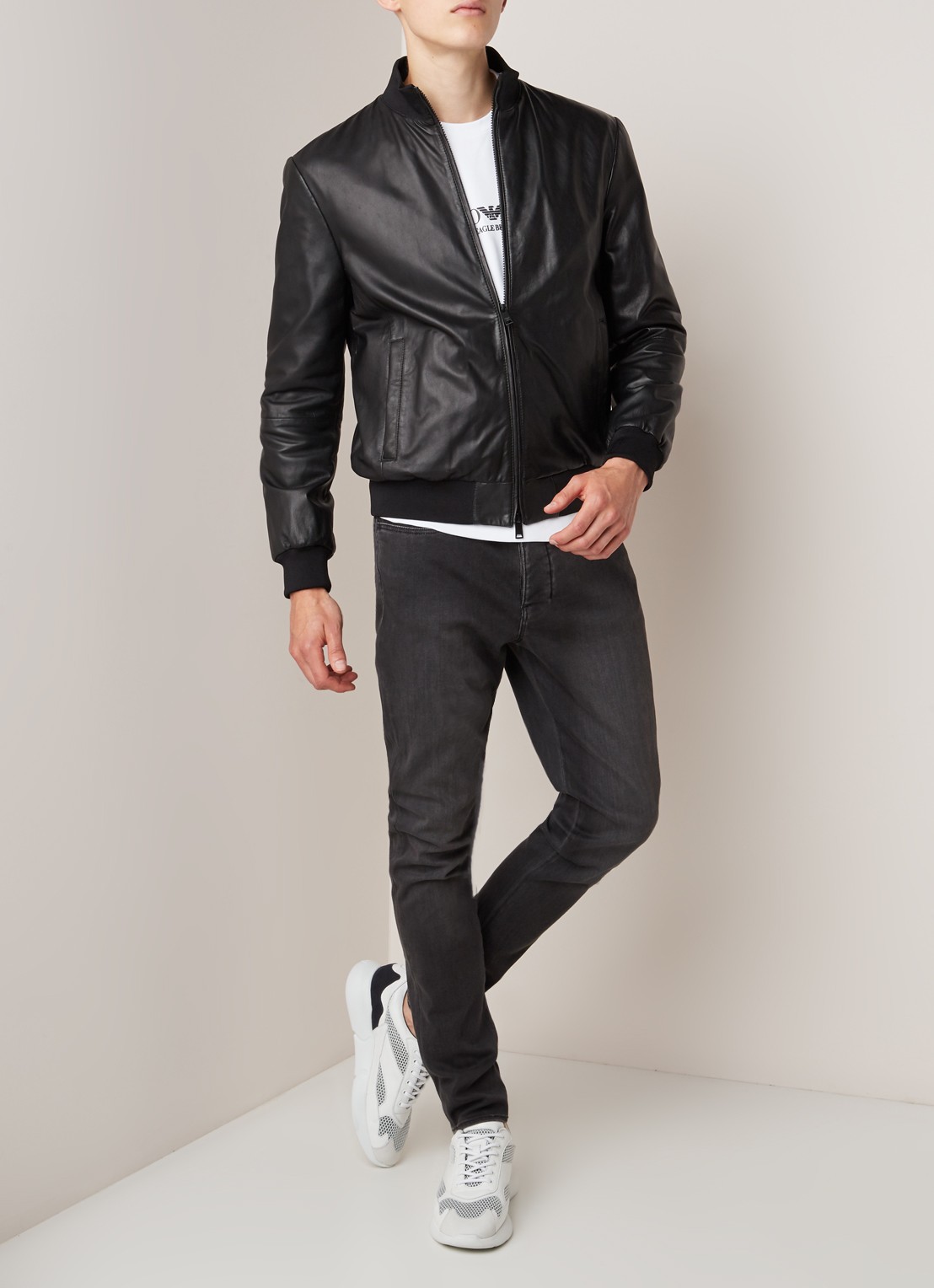 Emporio Armani Bomberjack van lamsleer - voorkant 2 zwart