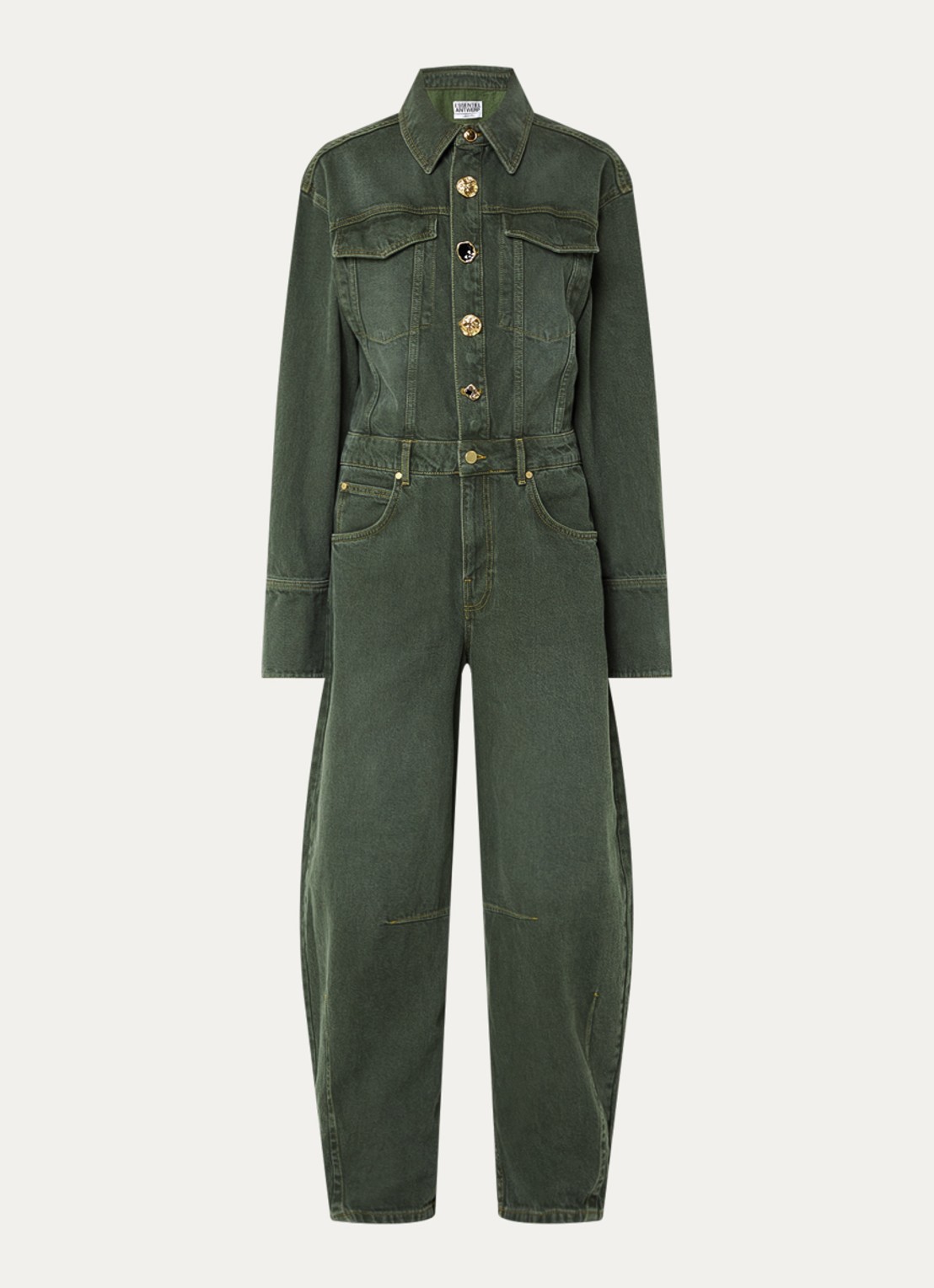 Essentiel Antwerp Balloon fit jumpsuit van denim met gekleurde wassing en borstzakken - voorkant olijfgroen