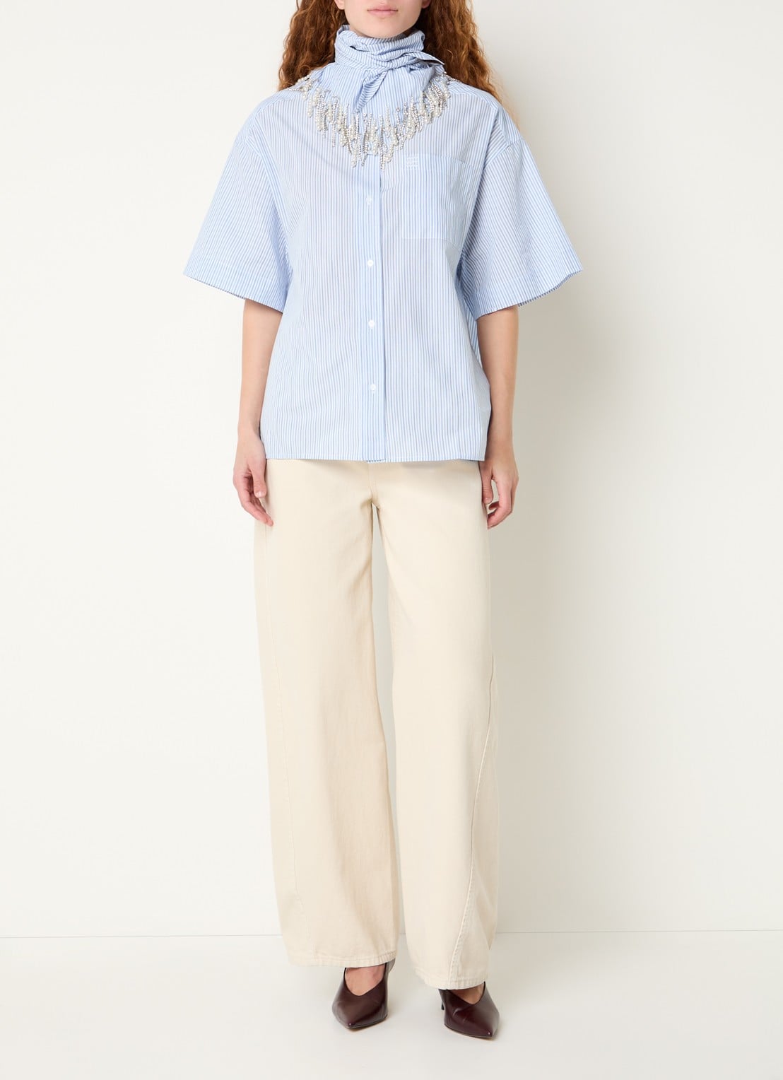 Essentiel Antwerp Blouse met streepprint en afneembare sjaalkraag - voorkant 4 lichtblauw