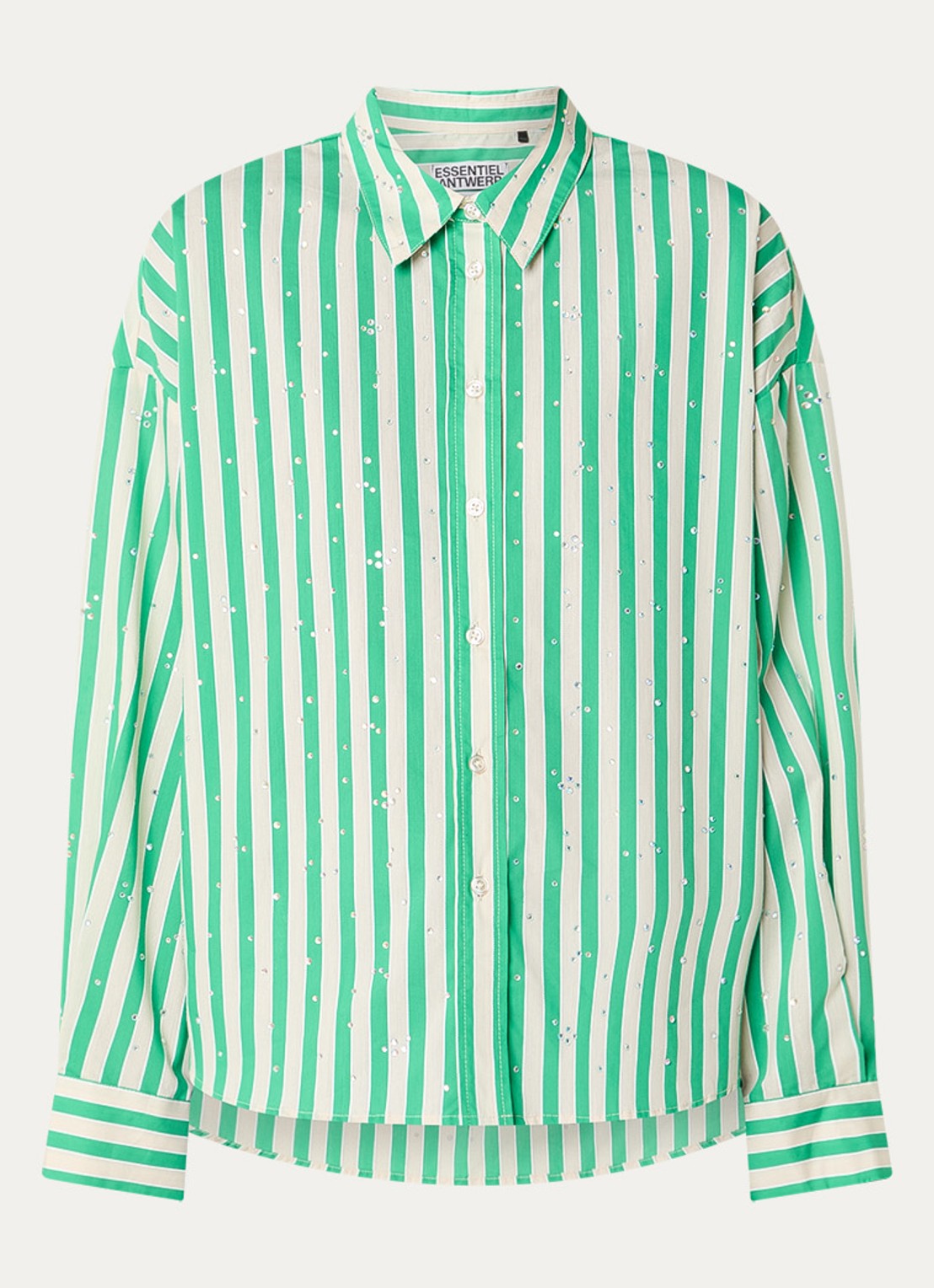 Essentiel Antwerp Blouse met streepprint en strass - voorkant groen