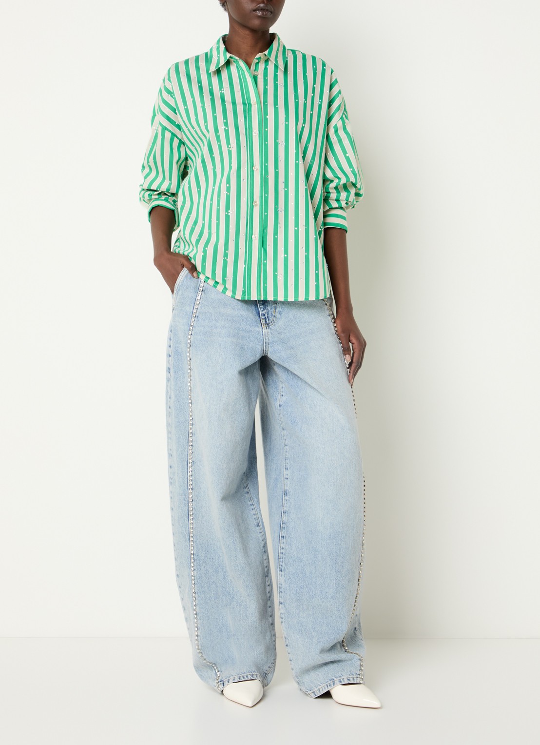 Essentiel Antwerp Blouse met streepprint en strass - voorkant 2 groen